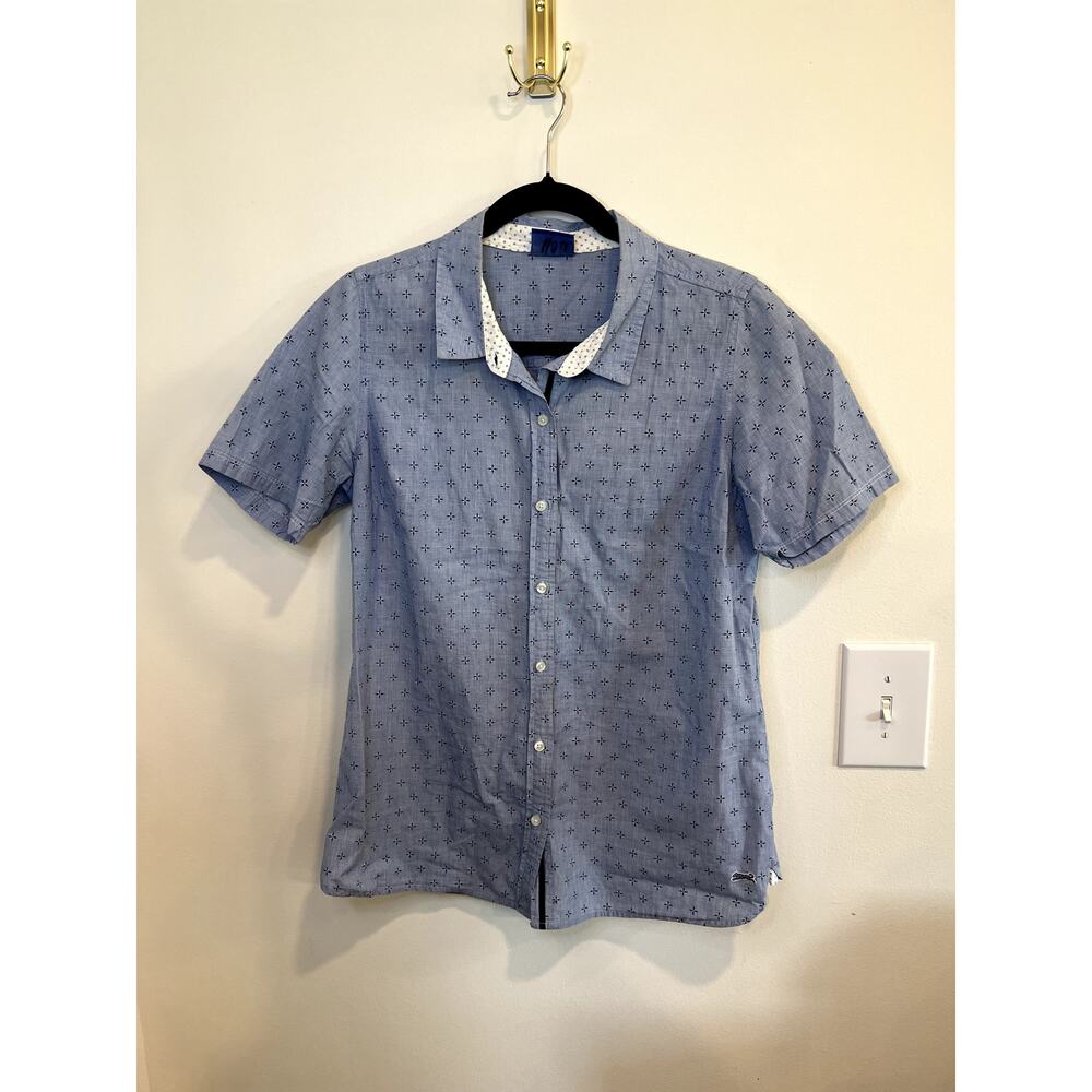 Le Tigre Men’s Short Sleeve Button Down Shirt Size M Blue Pattern Cotton